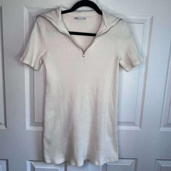 Zara Mini Knit Ribbed Dress High Collar Zip Size SMALL Cream - Picture 1 of 4